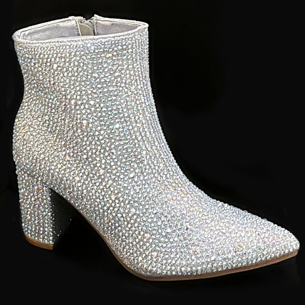 New Women Sparkle Silver Rhinestone Blingy Pointed Toe Ankle Boots Booties